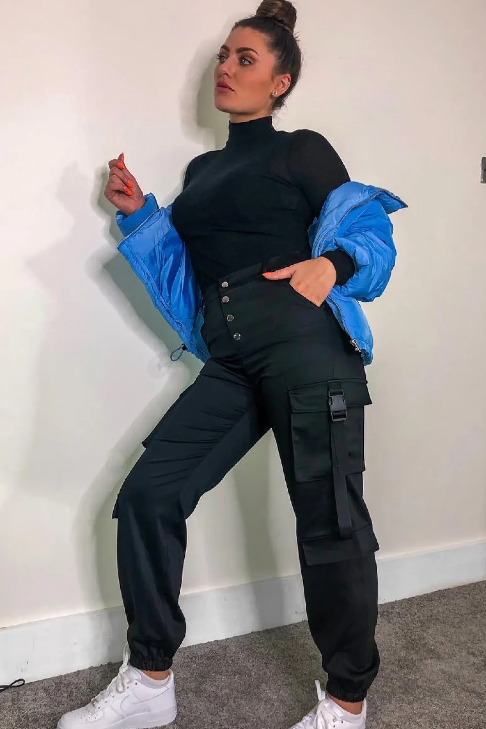 Rebellious Fashion Black Popper Front Buckle Detail Cargo Trousers - Gabriella