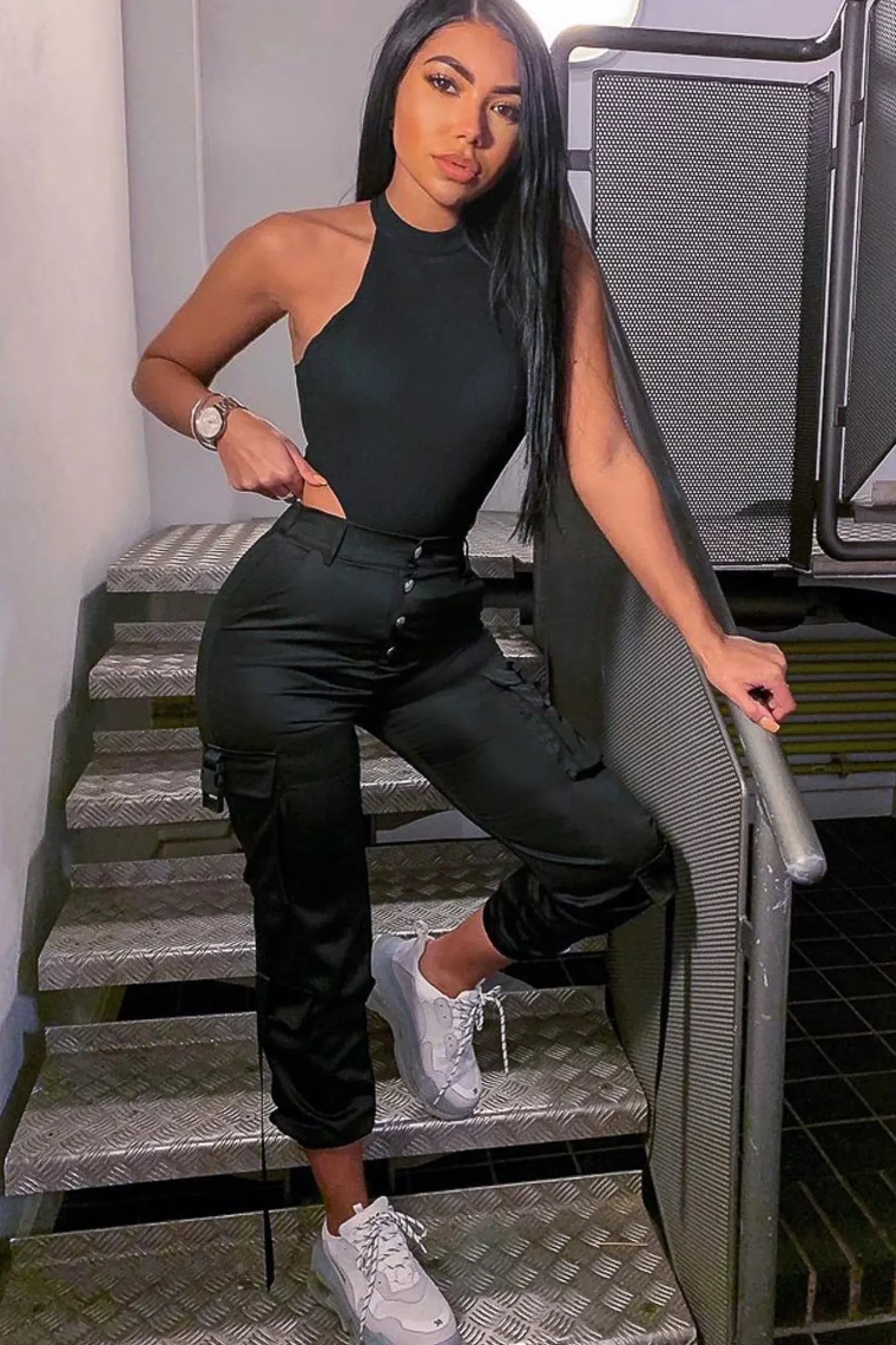 Rebellious Fashion Black Popper Front Buckle Detail Cargo Trousers - Gabriella