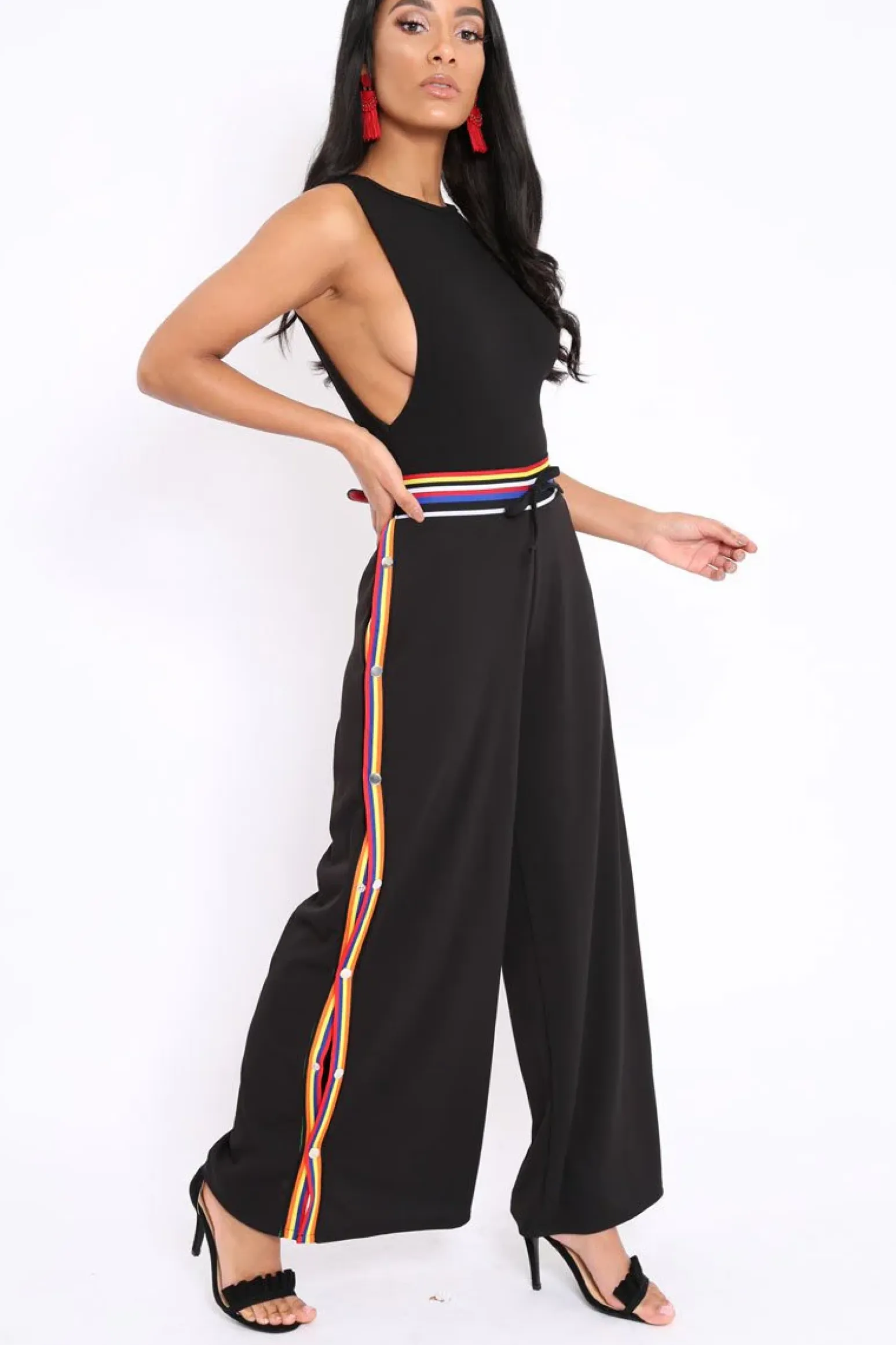 Rebellious Fashion Black Popper Pants with Multi Stripe Trim - Kendria