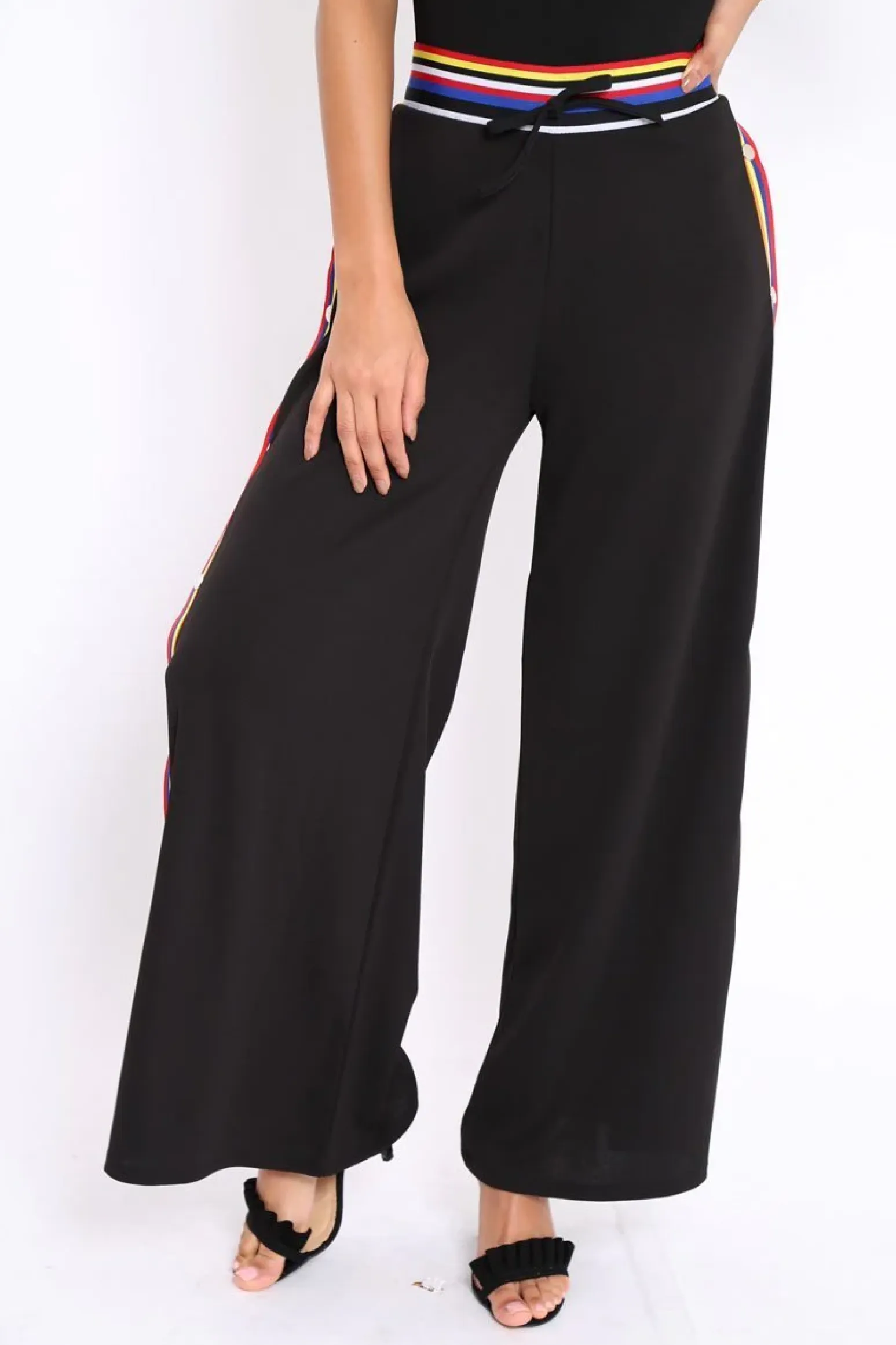 Rebellious Fashion Black Popper Pants with Multi Stripe Trim - Kendria