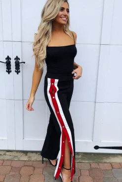 Rebellious Fashion Black Popper Tailored Trousers with Red and White Stripe - Simona