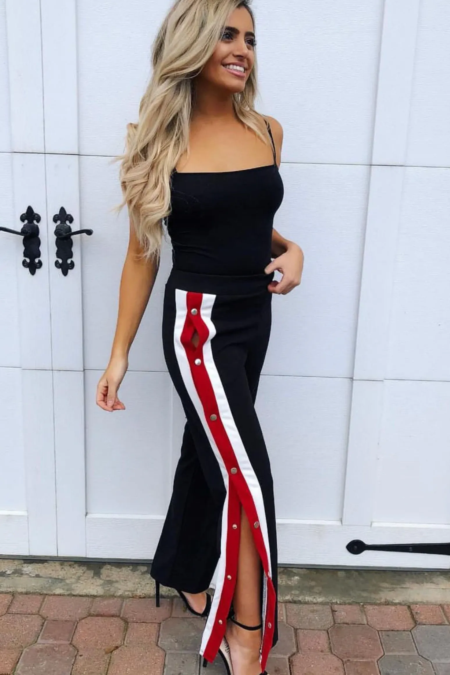 Rebellious Fashion Black Popper Tailored Trousers with Red and White Stripe - Simona