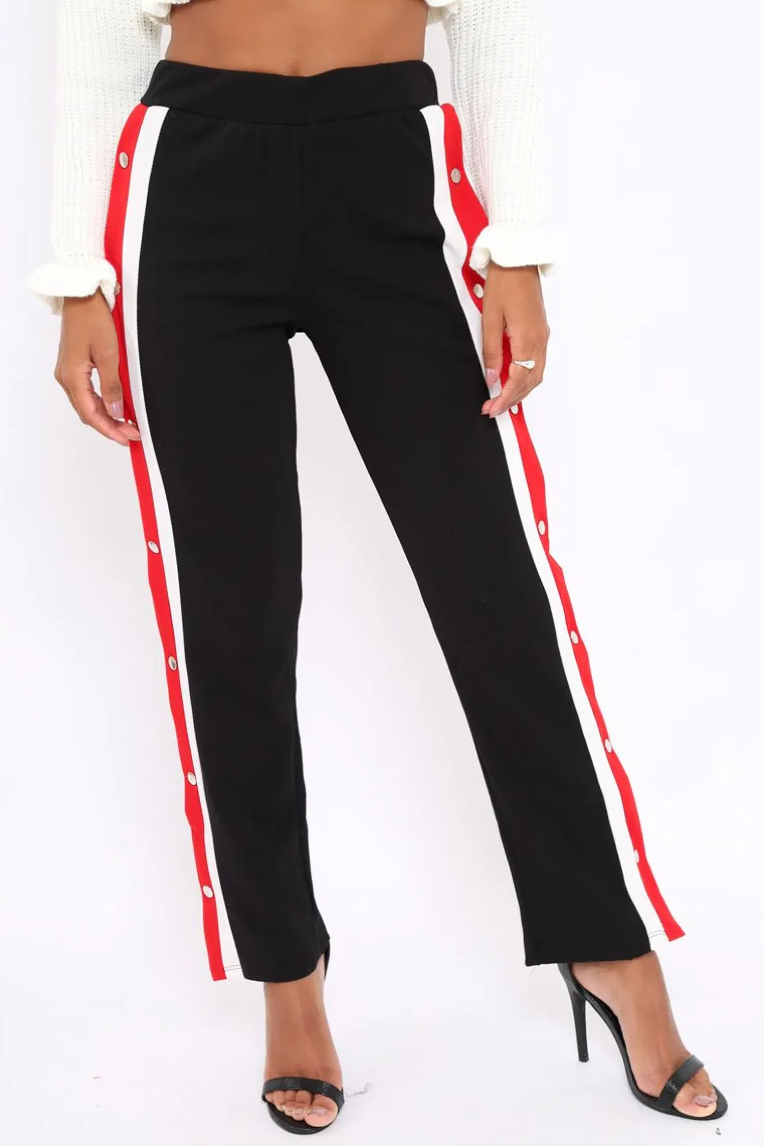 Rebellious Fashion Black Popper Tailored Trousers with Red and White Stripe - Simona