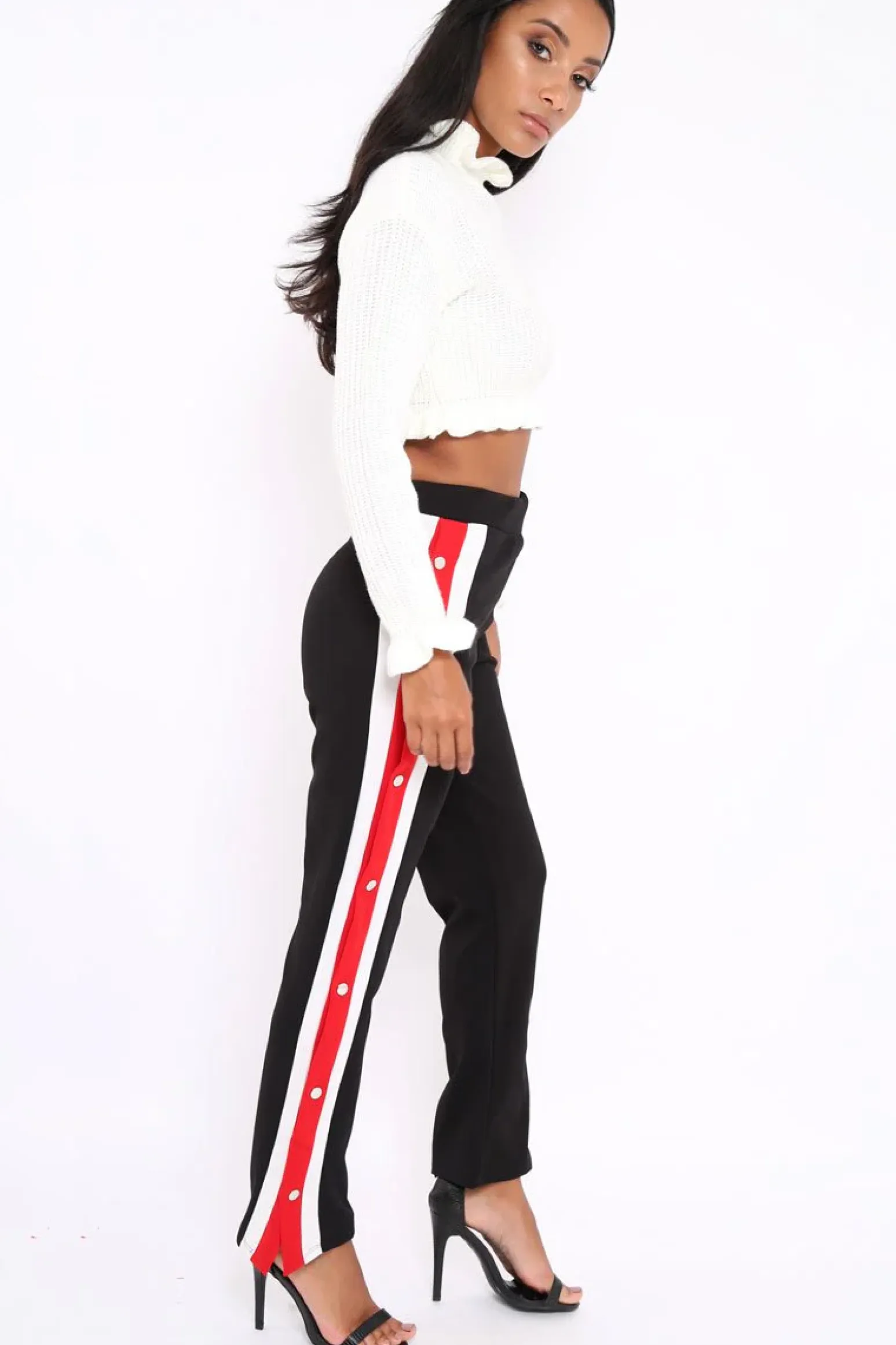 Rebellious Fashion Black Popper Tailored Trousers with Red and White Stripe - Simona