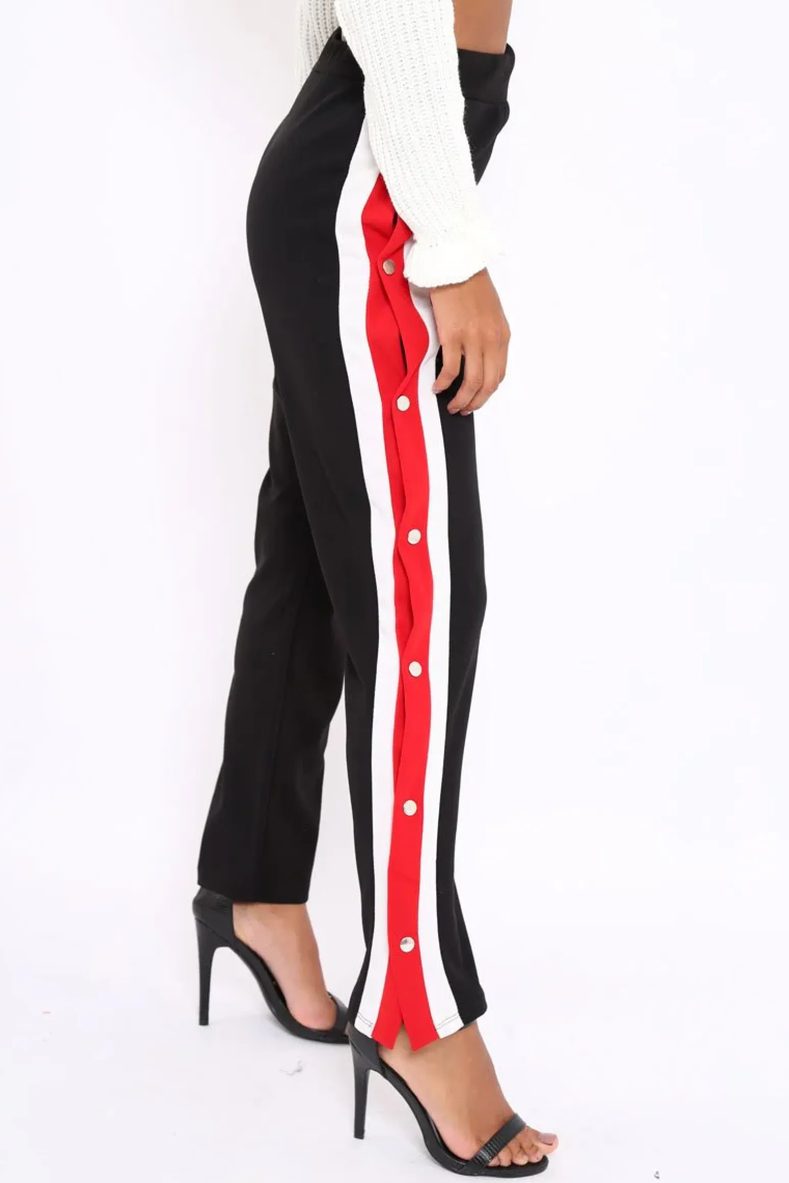 Rebellious Fashion Black Popper Tailored Trousers with Red and White Stripe - Simona