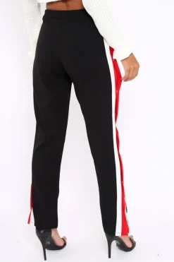 Rebellious Fashion Black Popper Tailored Trousers with Red and White Stripe - Simona