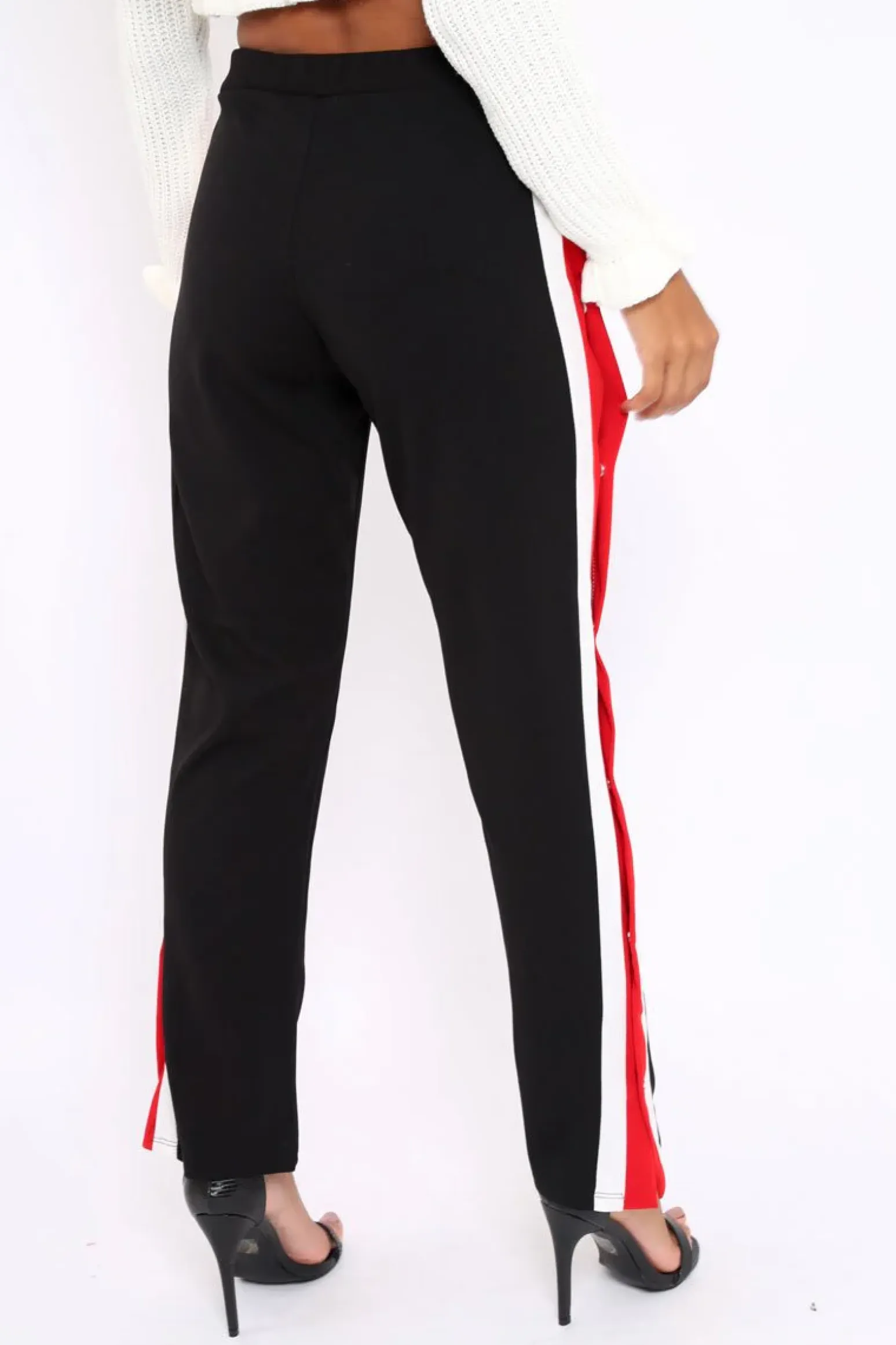 Rebellious Fashion Black Popper Tailored Trousers with Red and White Stripe - Simona