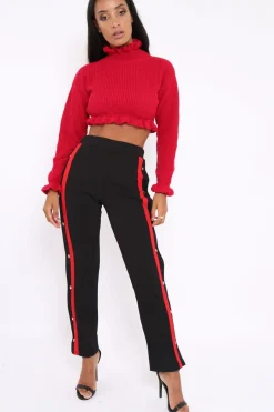 Rebellious Fashion Black Popper Tailored Trousers with Red Stripe - Simona