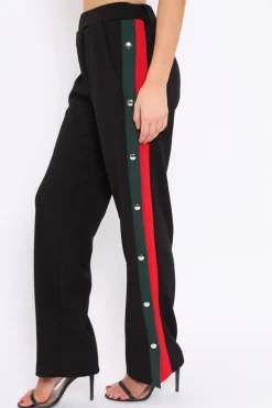 Rebellious Fashion Black Popper Tailored Trousers with Red and Khaki Stripe - Simona