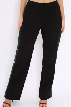 Rebellious Fashion Black Popper Tailored Trousers with Red and Khaki Stripe - Simona