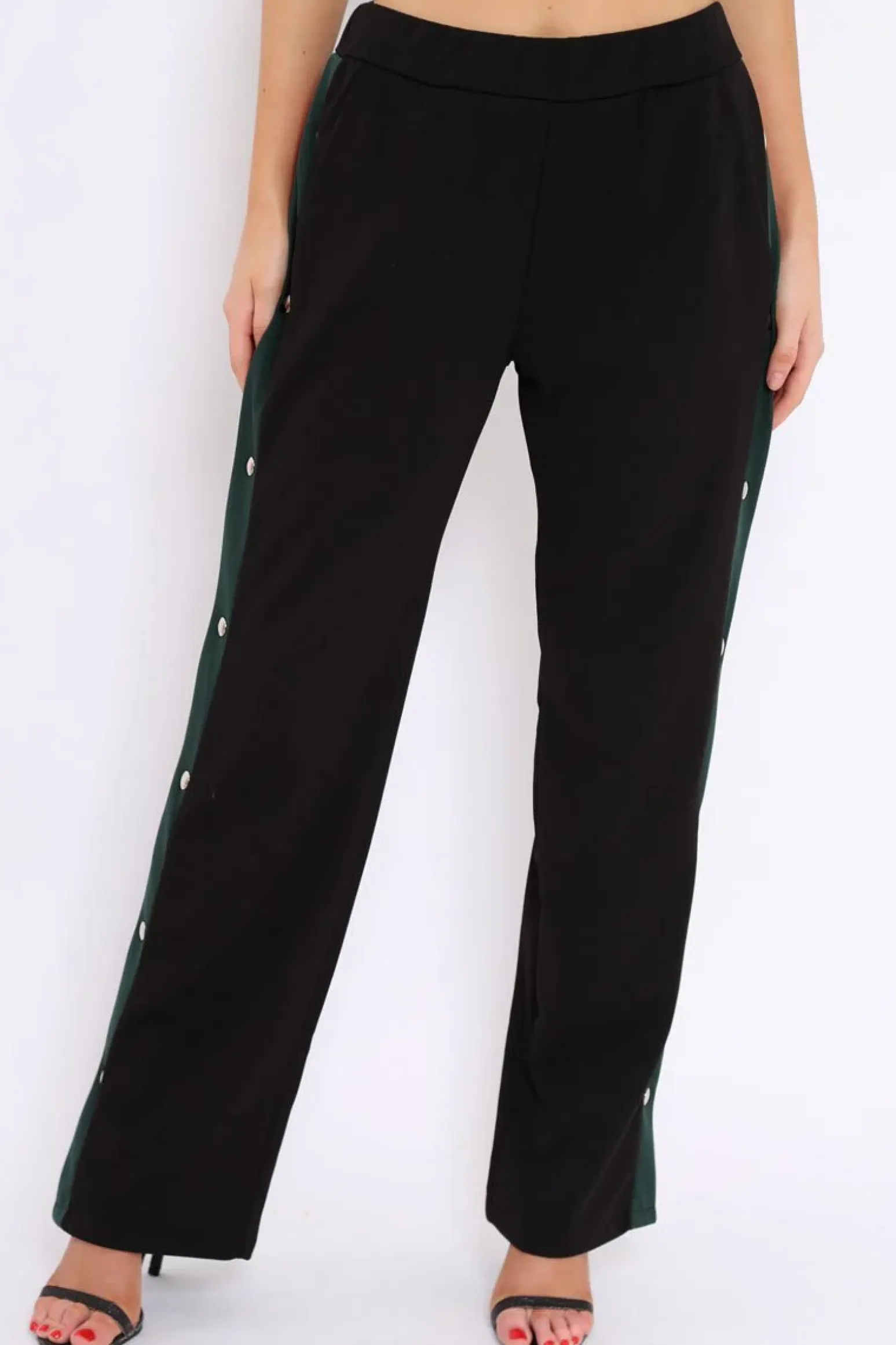Rebellious Fashion Black Popper Tailored Trousers with Red and Khaki Stripe - Simona