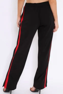 Rebellious Fashion Black Popper Tailored Trousers with Red and Khaki Stripe - Simona