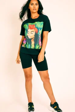 Rebellious Fashion Black Printed T-shirt and Cycling Shorts Co-Ord - Eliza