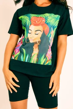 Rebellious Fashion Black Printed T-shirt and Cycling Shorts Co-Ord - Eliza