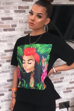 Rebellious Fashion Black Printed T-shirt and Cycling Shorts Co-Ord - Eliza