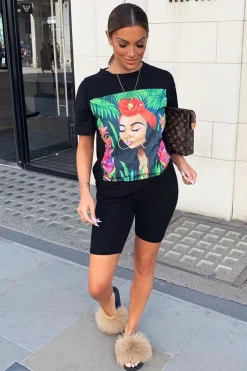 Rebellious Fashion Black Printed T-shirt and Cycling Shorts Co-Ord - Eliza
