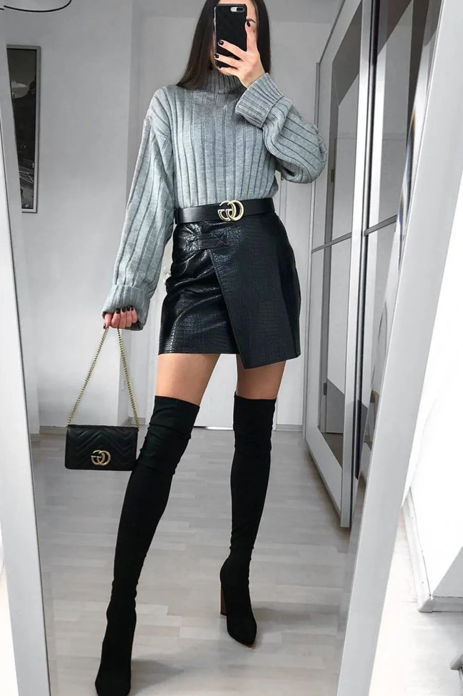 Rebellious Fashion Black PU Faux Croc Wrap Over Skirt - Enessa