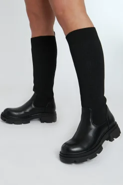 Rebellious Fashion Black PU Faux Leather Flyknit Knee High Boots - Mina