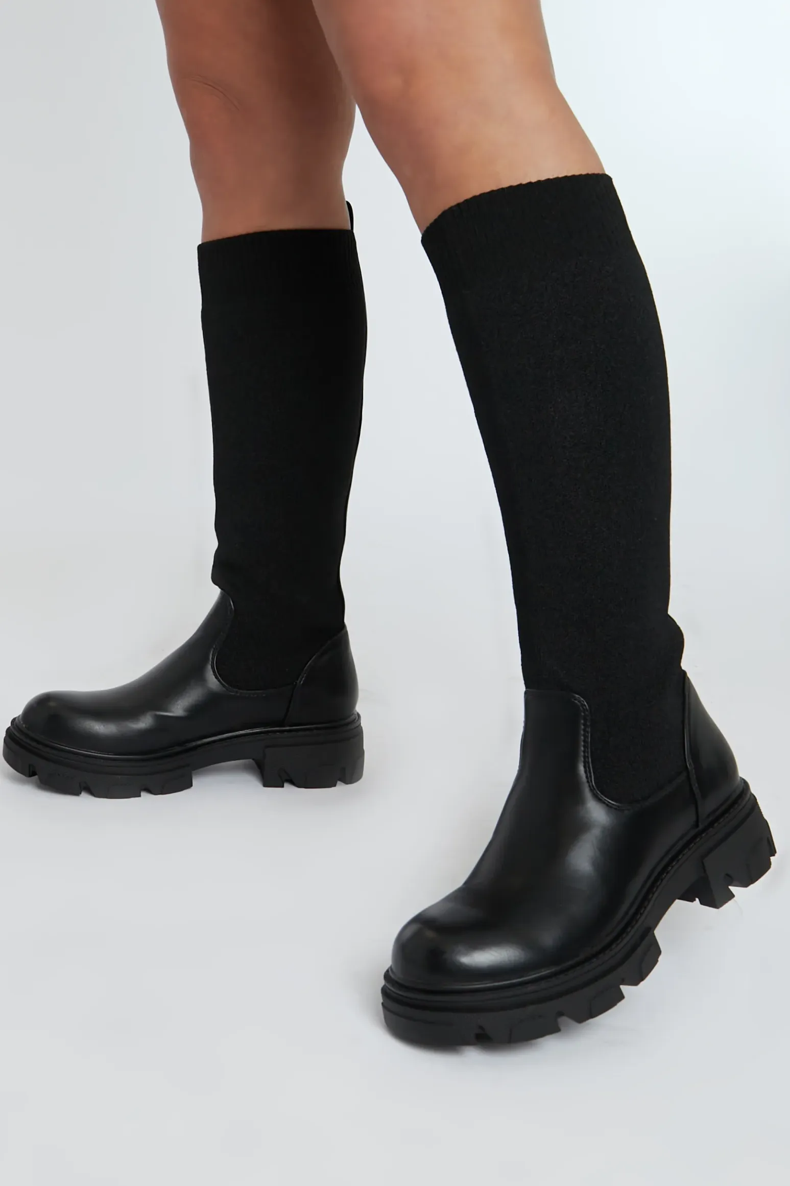 Rebellious Fashion Black PU Faux Leather Flyknit Knee High Boots - Mina