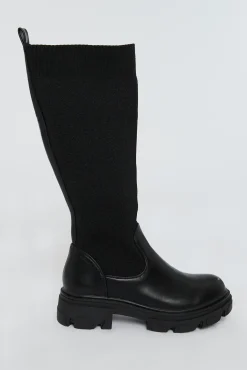Rebellious Fashion Black PU Faux Leather Flyknit Knee High Boots - Mina