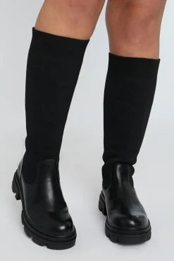 Rebellious Fashion Black PU Faux Leather Flyknit Knee High Boots - Mina