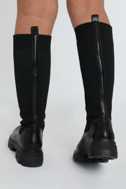 Rebellious Fashion Black PU Faux Leather Flyknit Knee High Boots - Mina