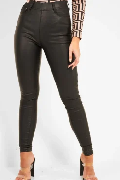 Rebellious Fashion Black PU Faux Leather Skinny Jeans - Ellisen