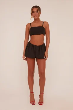 Rebellious Fashion Black Puffball Cropped Top & Mini Skirt Co-ord Set - Minita