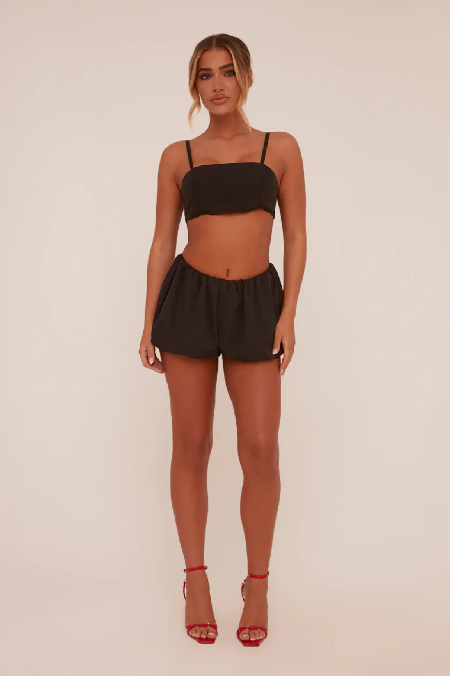 Rebellious Fashion Black Puffball Cropped Top & Mini Skirt Co-ord Set - Minita