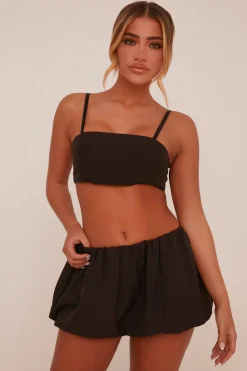 Rebellious Fashion Black Puffball Cropped Top & Mini Skirt Co-ord Set - Minita