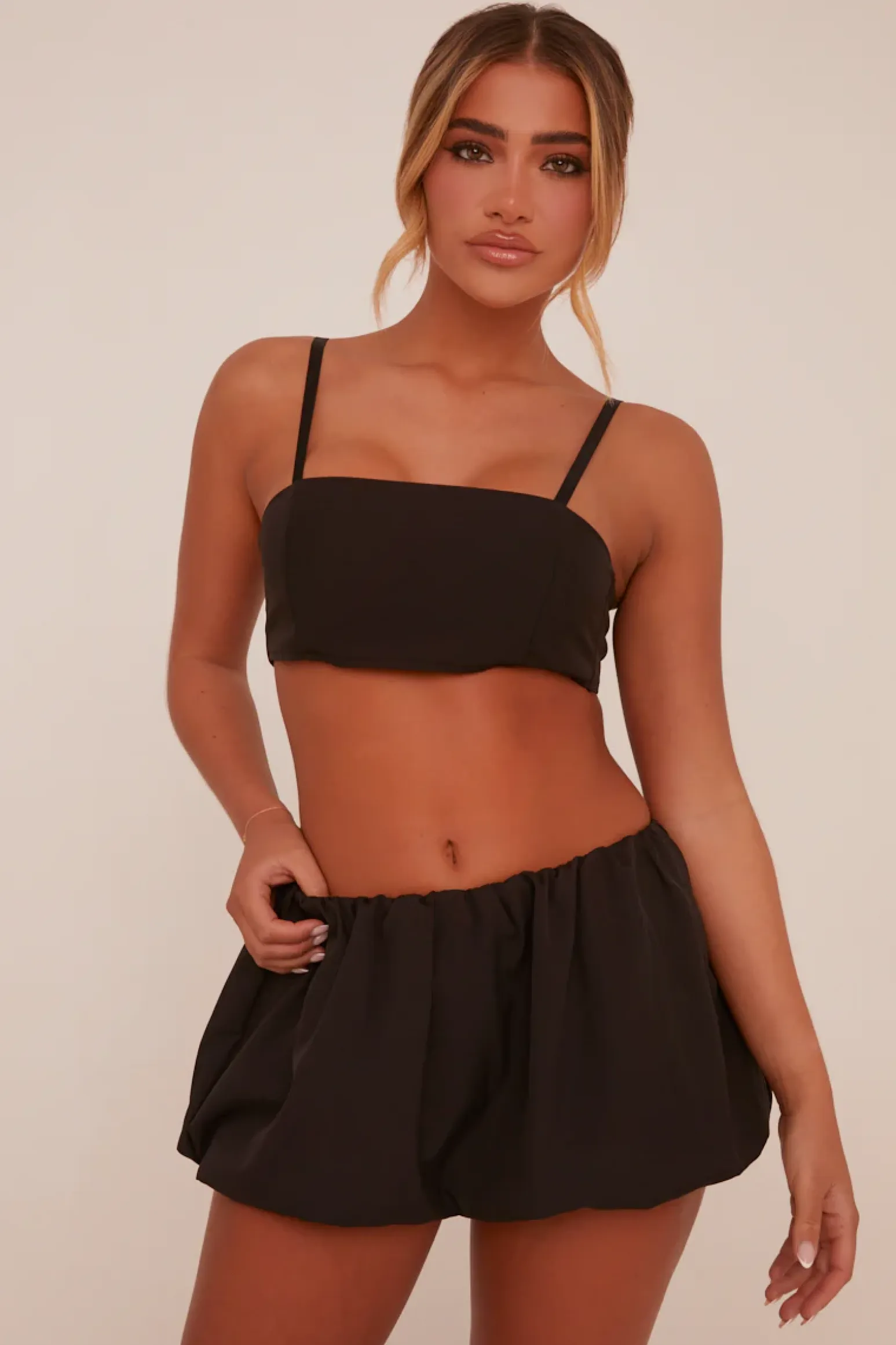 Rebellious Fashion Black Puffball Cropped Top & Mini Skirt Co-ord Set - Minita
