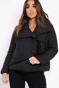 Rebellious Fashion Black Puffer Jacket with Tie Front - Lolamae