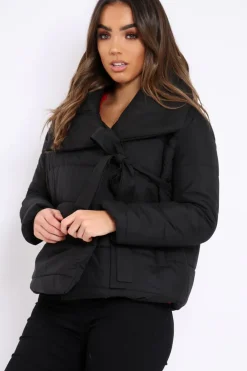 Rebellious Fashion Black Puffer Jacket with Tie Front - Lolamae