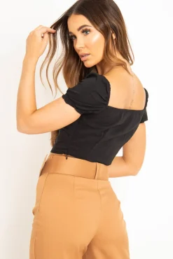 Rebellious Fashion Black Puff Sleeve Button Front Crop Top - Belicia