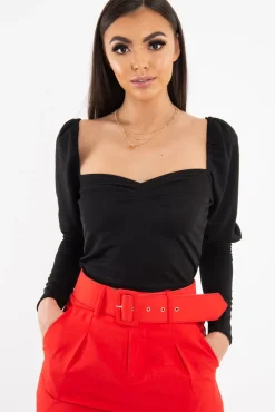Rebellious Fashion Black Puff Sleeve Sweetheart Neckline Crop Top - Tomi