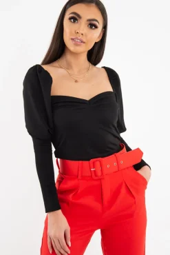 Rebellious Fashion Black Puff Sleeve Sweetheart Neckline Crop Top - Tomi