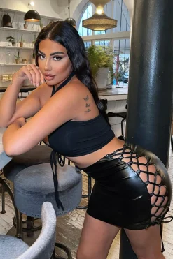 Rebellious Fashion Black PU Lace Up Leather Mini Skirt - Mira