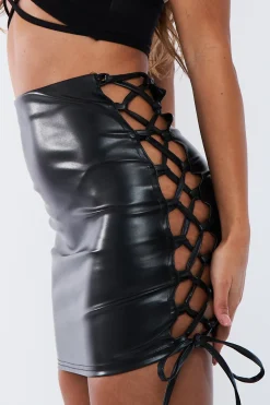 Rebellious Fashion Black PU Lace Up Leather Mini Skirt - Mira
