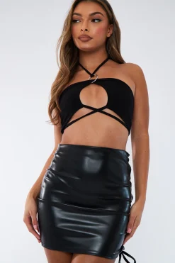 Rebellious Fashion Black PU Lace Up Leather Mini Skirt - Mira