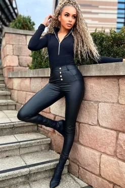Rebellious Fashion Black PU Leather Button Detail Leggings - Aalish