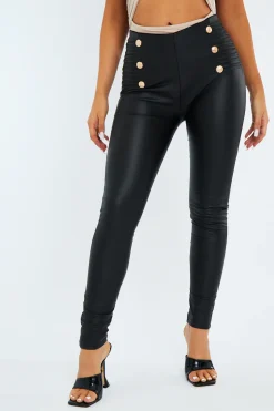 Rebellious Fashion Black PU Leather Button Detailed Biker Leggings - Donda