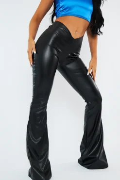 Rebellious Fashion Black PU Leather Dipped Waist Flare Trousers - Scarlett