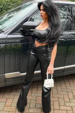 Rebellious Fashion Black PU Leather Dipped Waist Flare Trousers - Scarlett