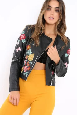 Rebellious Fashion Black PU Leather Embroidered Stud Leather Jacket - Bianca
