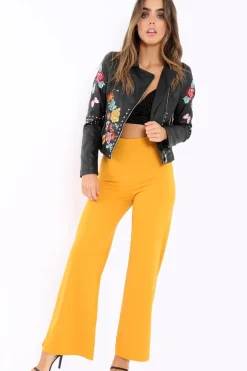 Rebellious Fashion Black PU Leather Embroidered Stud Leather Jacket - Bianca