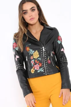 Rebellious Fashion Black PU Leather Embroidered Stud Leather Jacket - Bianca