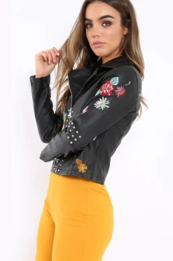 Rebellious Fashion Black PU Leather Embroidered Stud Leather Jacket - Bianca