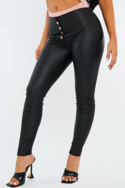 Rebellious Fashion Black PU Leather Faux Button Front Leggings - Ambra