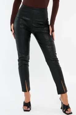 Rebellious Fashion Black PU Leather Front Slit Trousers - Caro
