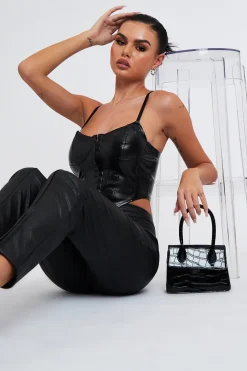 Rebellious Fashion Black PU Leather Hook And Eye Corset Crop Top - Zelah